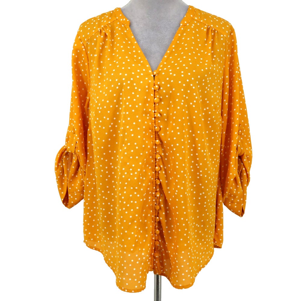 Torrid Top 2 Plus Size 2X Orange Gold Chiffon Polka Dot Blouse Preppy Whimsy